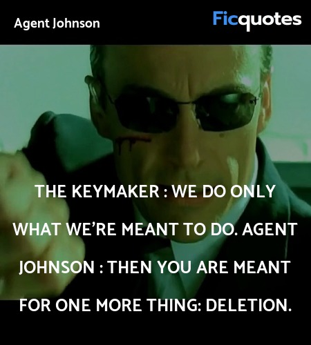 The Keymaker : We do only what we're meant to do.
Agent Johnson : Then you are meant for one more thing: deletion. image