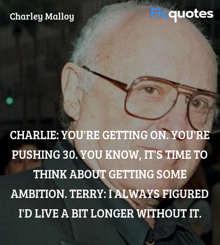 Charlie: You're getting on. You're pushing 30. You know, it's time to think about getting some ambition.
Terry: I always figured I'd live a bit longer without it. image