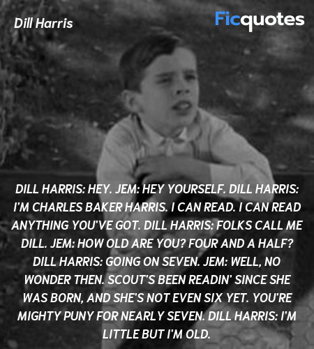 Dill Harris: Hey.
Jem: Hey yourself.
Dill Harris: I'm Charles Baker Harris. I can read. I can read anything you've got.
Dill Harris: Folks call me Dill.
Jem: How old are you? Four and a half?
Dill Harris: Going on seven.
Jem: Well, no wonder then. Scout's been readin' since she was born, and she's not even six yet. You're mighty puny for nearly seven.
Dill Harris: I'm little but I'm old. image