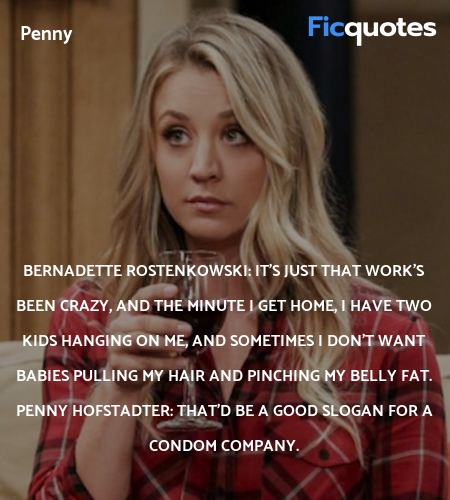 Bernadette Rostenkowski: It's just that work's been crazy, and the minute I get home, I have two kids hanging on me, and sometimes I don't want babies pulling my hair and pinching my belly fat.
Penny Hofstadter: That'd be a good slogan for a condom company. image