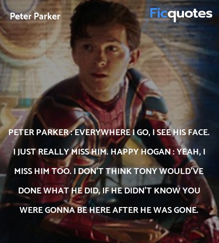 Peter Parker : Everywhere I go, I see his face. I just really miss him.
Happy Hogan : Yeah, I miss him too. I don't think Tony would've done what he did, if he didn't know you were gonna be here after he was gone. image