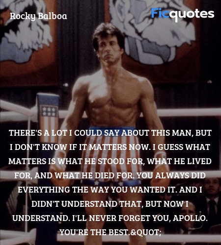  There's a lot I could say about this man, but I don't know if it matters now. I guess what matters is what he stood for, what he lived for, and what he died for. You always did everything the way you wanted it. And I didn't understand that, but now I understand. I'll never forget you, Apollo. You're the best.