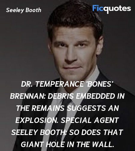 Dr. Temperance 'Bones' Brennan: Debris embedded in the remains suggests an explosion.
Special Agent Seeley Booth: So does that giant hole in the wall. image