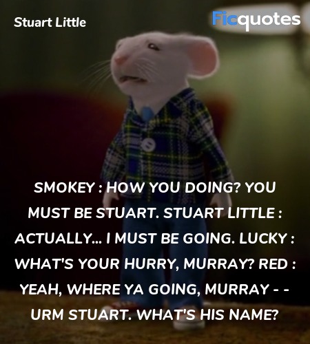 Smokey : How you doing? You must be Stuart.
Stuart Little : Actually... I must be going.
Lucky : What's your hurry, Murray?
Red : Yeah, where ya going, Murray - - Urm Stuart. What's his name? image