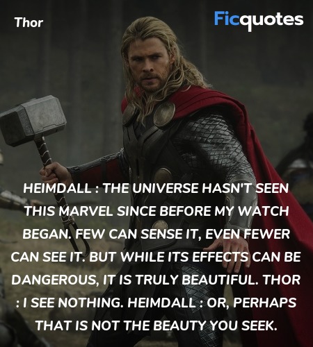 Heimdall : The universe hasn't seen this marvel since before my watch began. Few can sense it, even fewer can see it. But while its effects can be dangerous, it is truly beautiful.
Thor : I see nothing.
Heimdall : Or, perhaps that is not the beauty you seek. image